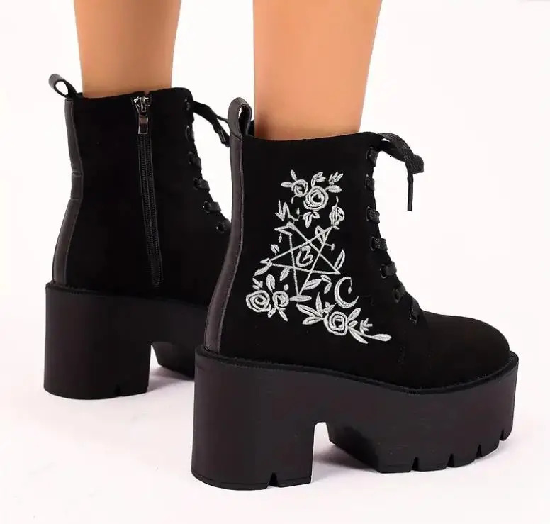Women's Fashion Platform Ankle Ral Pattern Chunky Heeled Lace Up Combat Boots, All-Match Side Zipper Boots