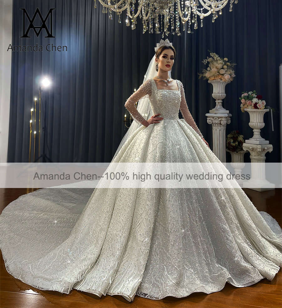 Full Sleeve Square Necke Pearls Wedding Dress
