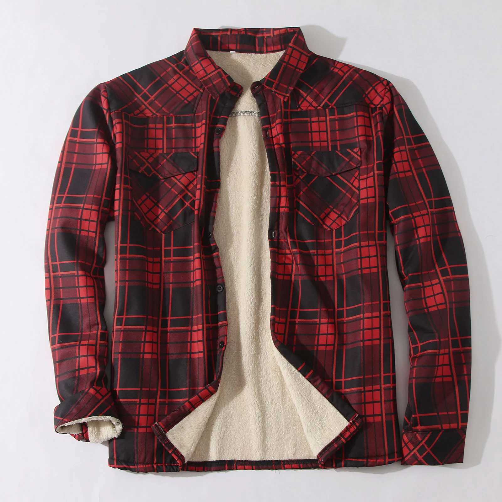 Plaid Plus Flce Jacket Mens Winter T-shirt Collar Button Thick Shirt Mens Casual High Quality Jacket W241102