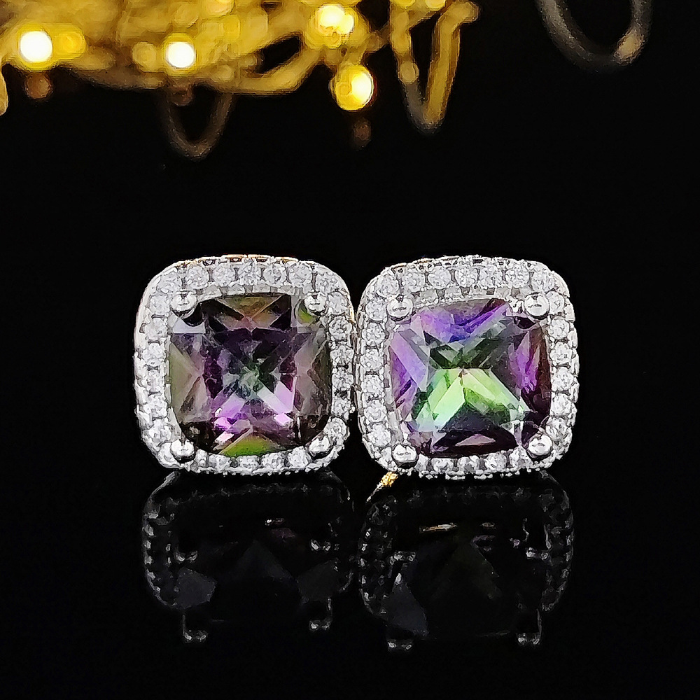 Fashion Square Zircon Color Diamond Women's Stud 925 Sterling Silver Crystal Stud Earrings White Diamond Princess Earrings Wedding Jewelry