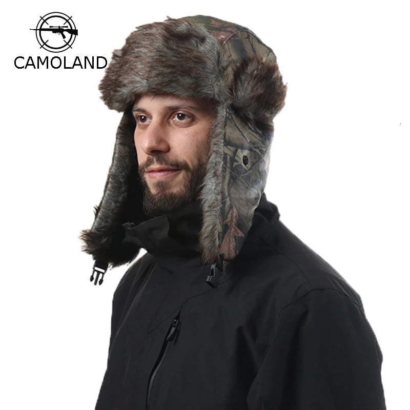 Camoland winter windproof earmuffs bomber hat mens trap hat velvet Chapka casual mens trap hat artificial fur earmuffs snow hat 241031