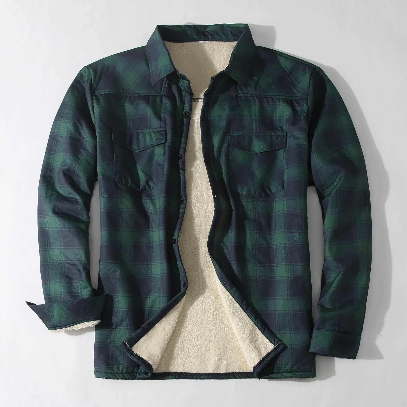 Plaid Plus Flce Jacket Mens Winter T-shirt Collar Button Thick Shirt Mens Casual High Quality Jacket W241102
