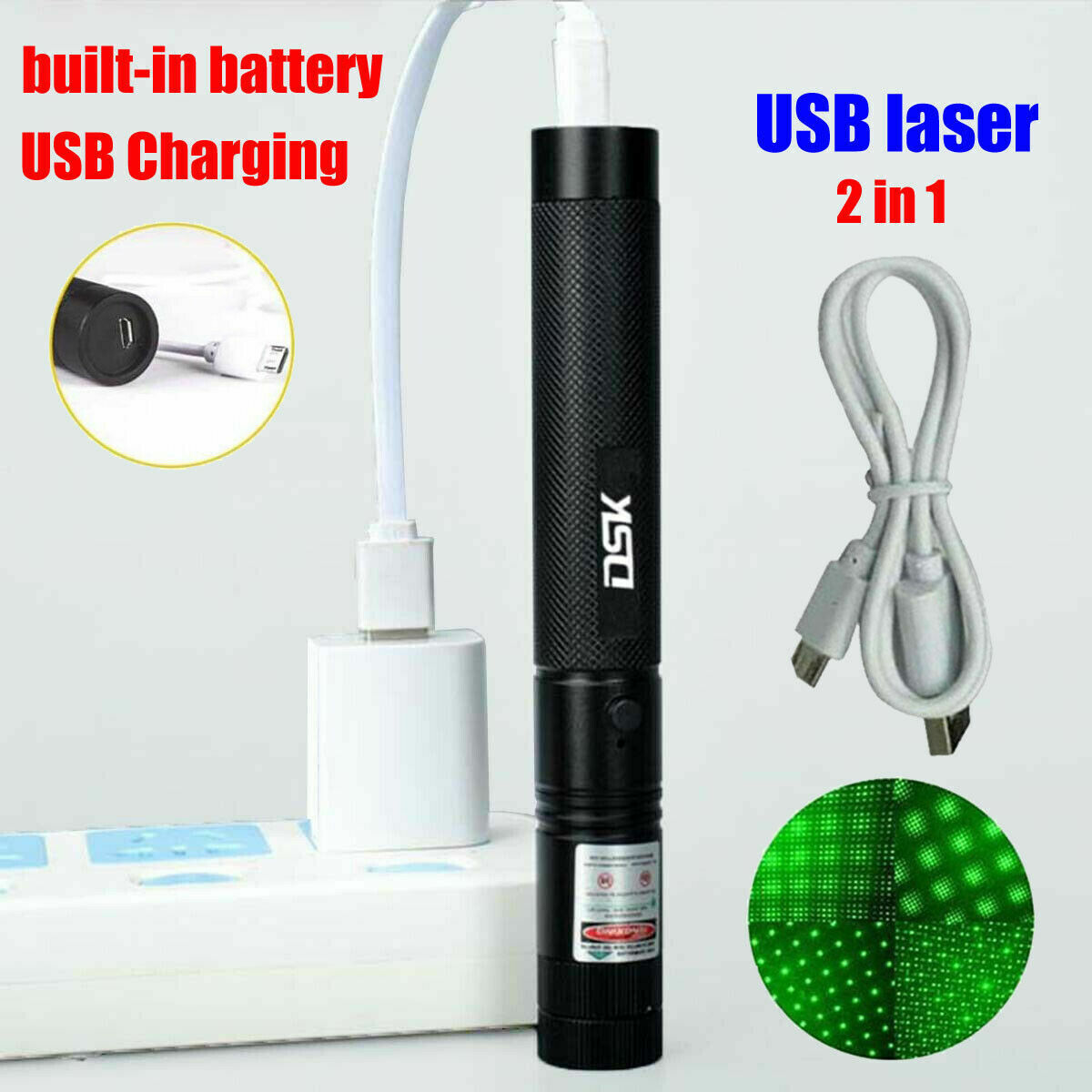 1500Miles Green Laser Pointer Pen Star Beam 1 mW USB Charger Rechargeable Lazer