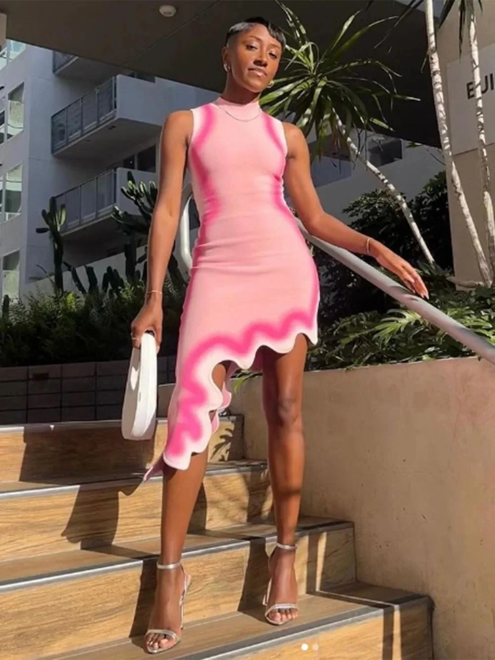 2024 Asymmetrical Modphy Wavy Hem Round Collar Devise Tie Dyeing Printing Pink Knit Sleeveless Dresses Female Knitting Vestido 2