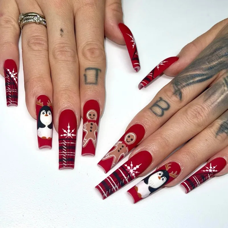 3D fake nails for Christmas parties long French Coffin tips snowflakes Christmas trees fake oranges press machine acrylic fake nail set 241031