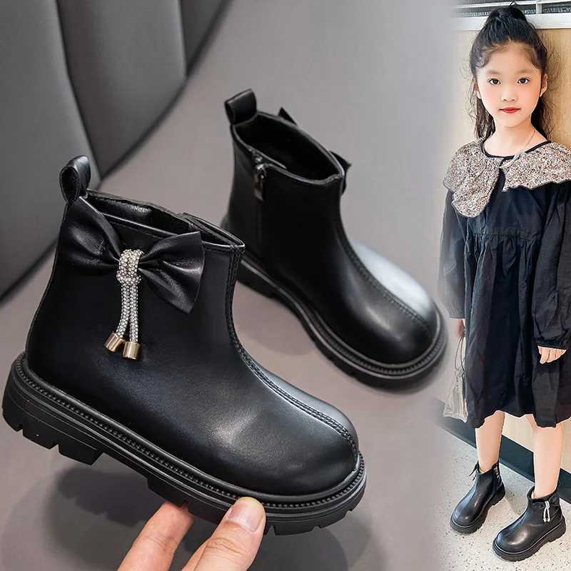 Girls ankle boots black Pu leather bow round toe fashionable childrens autumn boots fashionable bow round toe childrens shoes M241102