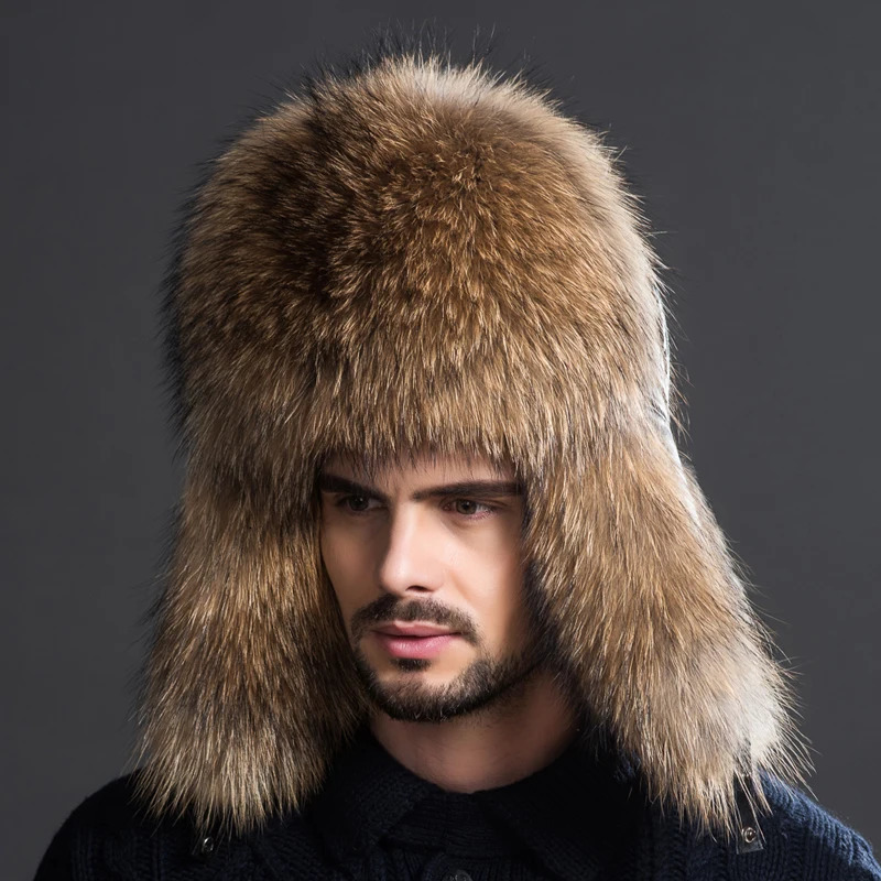 Winter Mens 100% Real Silver Fox Fur Pilot Bomber Hat Raccoon Fur Usanka Hat Hunter Russian Mens Ski Hat Real Leather 241031
