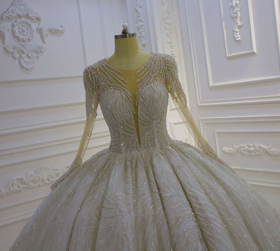 Deep V-neck Long Sleeve Sequin Lace Ball Gown Wedding Dress