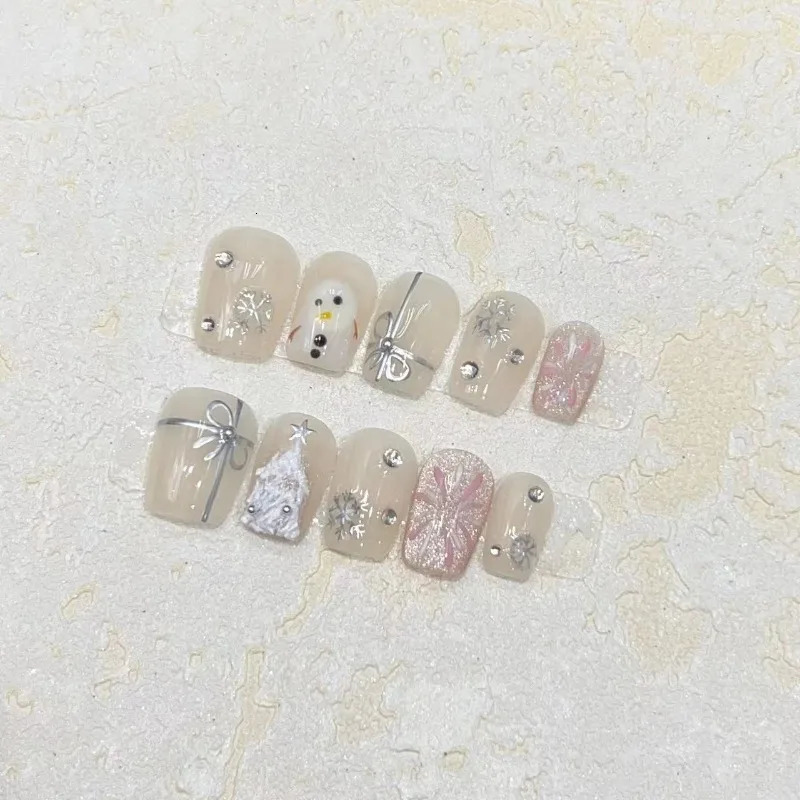 10 pieces/set full set of fake nails pressed on nails handmade patches removable fake nails fireworks Christmas snowflakes snowmen 241031