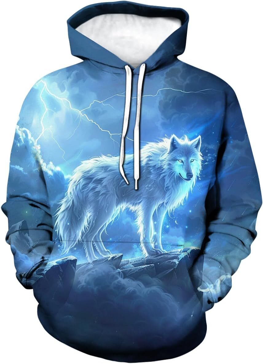 Hoodie for Mens Womens Novelty Wolf Hoodie Funny Animal Graphic A Wolf in a dreamlike lightning Sweatshirts Graphic Hoodies sweatshirt Pullover Long S
