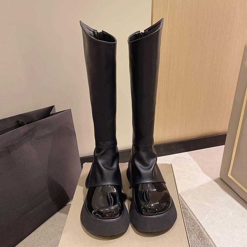 CMM Autumn Small Coarse Legged Long Boots Thick Soled Medium Sleeve Knight Boots Womens Tall Slim Long Boots Smoke Tube Chelsea Boots