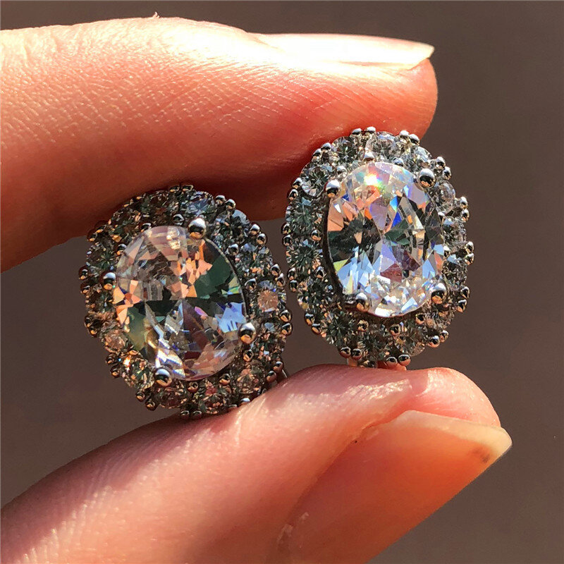 Designer oval zircon three-dimensional earrings Women vintage blue diamond Stud earrings 10mm round crystal platinum Stud wedding jewelry