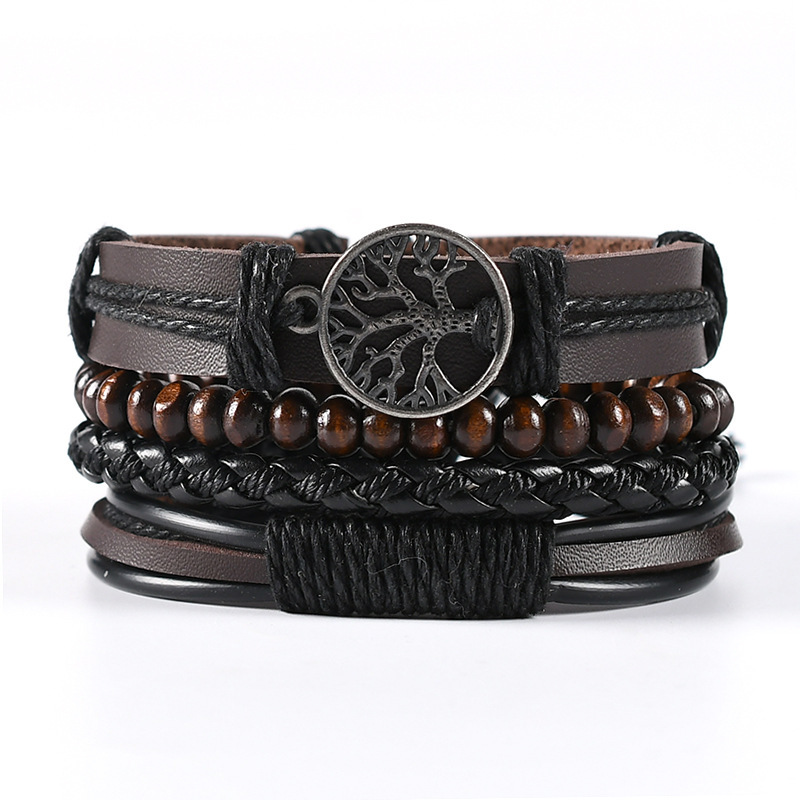 New Raided new Wrap Leather Bracelet For Men Vintage Life 2025 Tree Rudder Charm Wood Beads Ethnic Tribal Wristband Rope Bracelet Jewelry