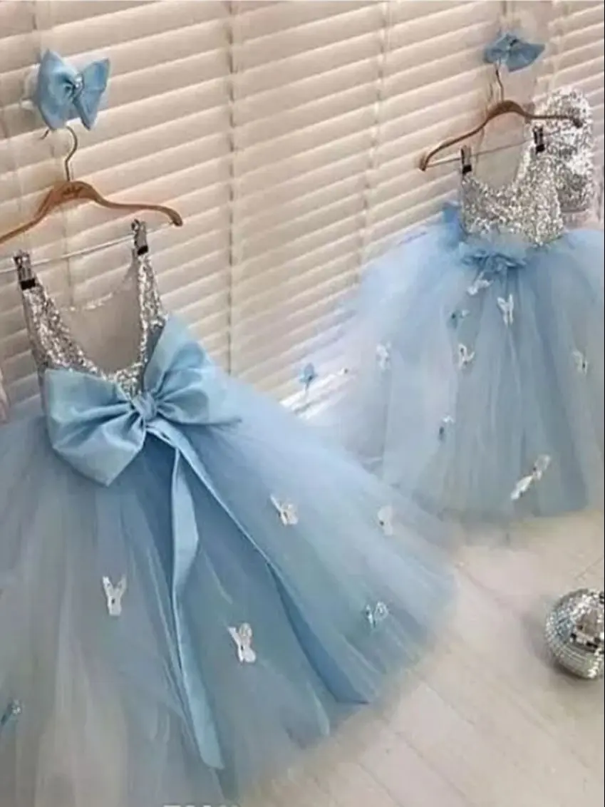 Baby Blue Girls Dresses For Birthday Party Dresses 2023 Sier new 2025 Sequins Top Tutu Skirt 3D Floral Cheap Kids Prom Ball Gowns