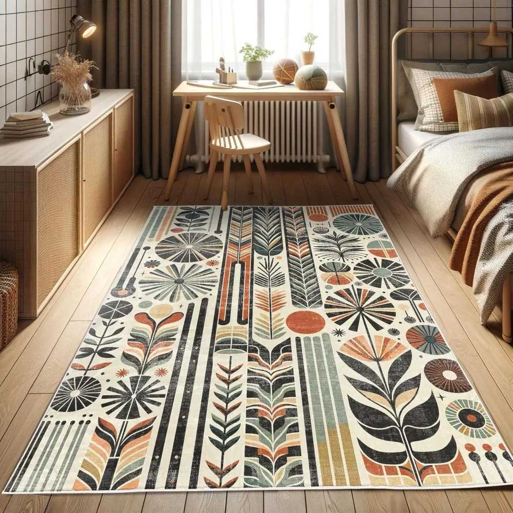 Retro Mid Century Inspired Abstract Patterns on Ivory Background Quality Carpet for BedroomXJ241101