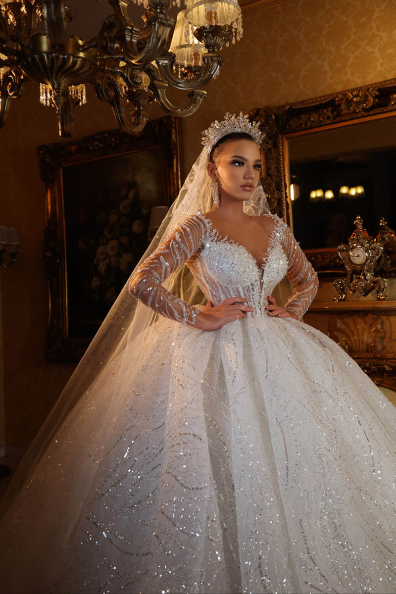 Customized Classic Ball Gown Sequins Appliques V Neck Wedding Dress Long Sleeve Sweep Train Sequined Bridal Dresses