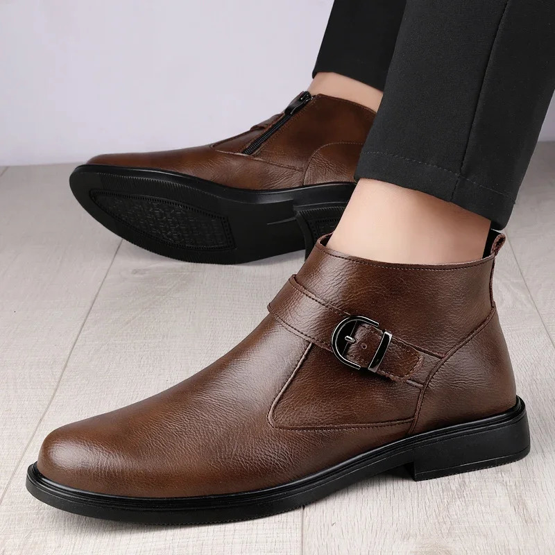 Winter plush warm black Chelsea mens boots business formal high-end leather shoes British style low boots casual wedding shoes 241031