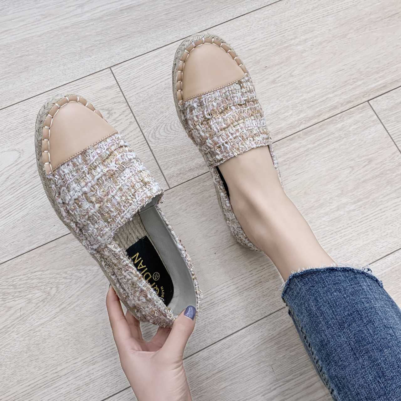 cloth sequined color mixed flats women leather patchwork espadrilles plaid glitter sneakers female slip on loafers plus size 43