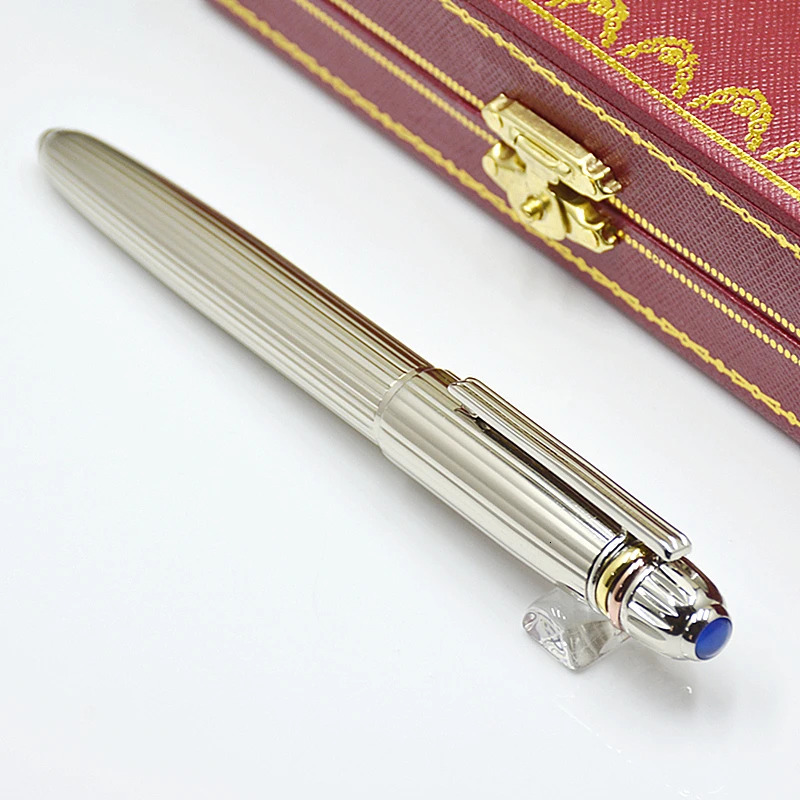 High Quality Ct Metal Rollerball Pen Silver Stripe Stationery Office School Supplies Writing Smooth Gel Pens With Blue Gem Top 240325