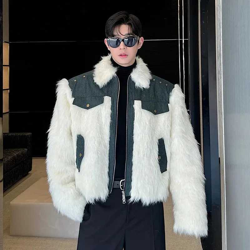 IEFB Niche Design Mens Faux Fur Coats Turn-down Collar Denim Patchwork Fake Mink Hair Loose Male Jackets Autumn Winter 9C8187XJ241102