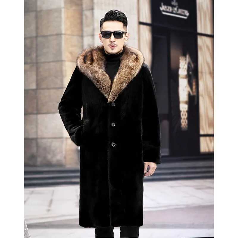 Mens long fur coat Winter warm mink coat fox fur collar hooded jacketXJ241102