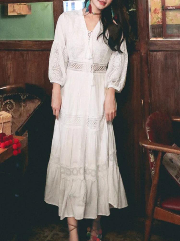Casual Dresses White Long Women Vintage Boho Lace Dress Female Summer Sleeve Ladies Elegant Hollow Out Beach Holiday Vestido