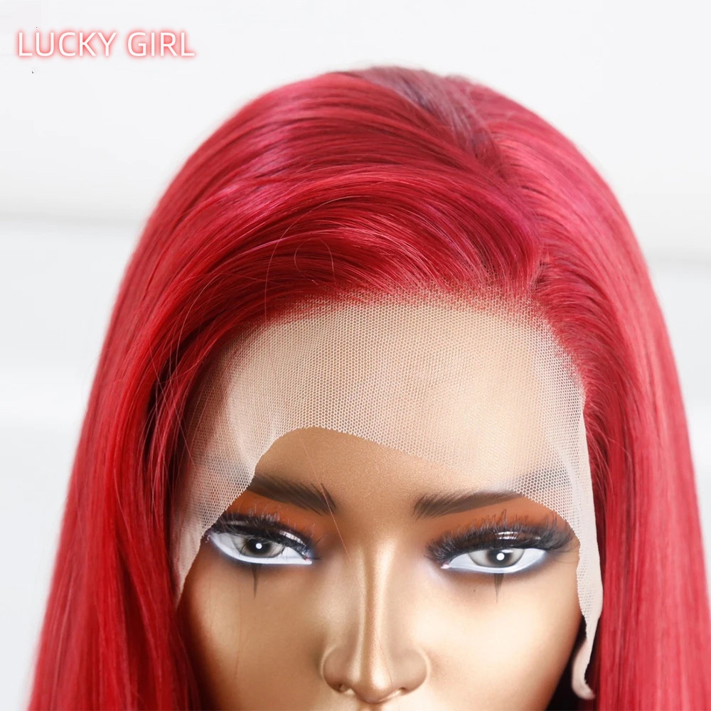 Bombshell Wine red 13*4 Synthetic Hair Front Lace Wig Glueless Heat Resistant Fiber Hair Natural Hairline Free Parting Women Korean high temperature f