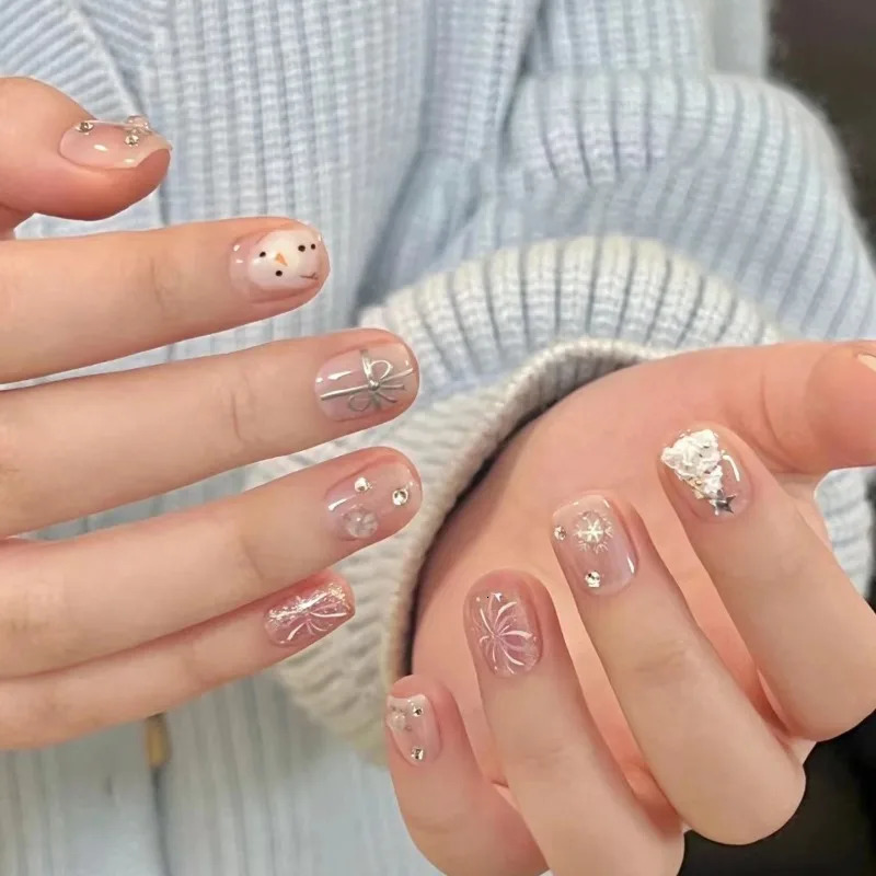 10 pieces/set full set of fake nails pressed on nails handmade patches removable fake nails fireworks Christmas snowflakes snowmen 241031