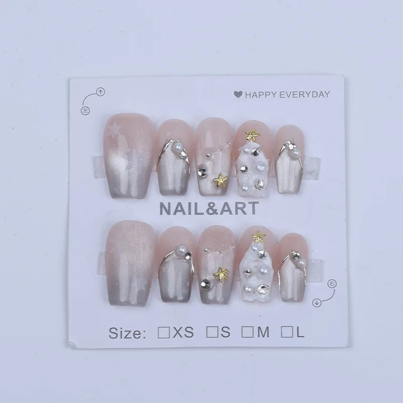 Handmade Pink Pressing Nail Short Christmas Cat Eye n Reusable Adhesive Fake Nail Acrylic Full Cover Girl Nail Tip 241031
