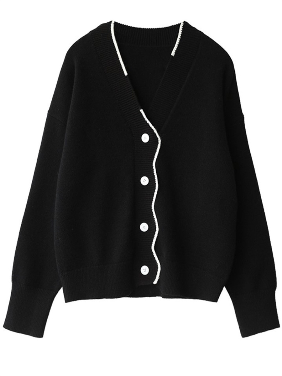 Korean Version Soft And Skin Friendly Playful Age Reducing Loose V Neck Wavy Placket Long Sleeved Versatile Temperament Knitted Cardigan For Women F11