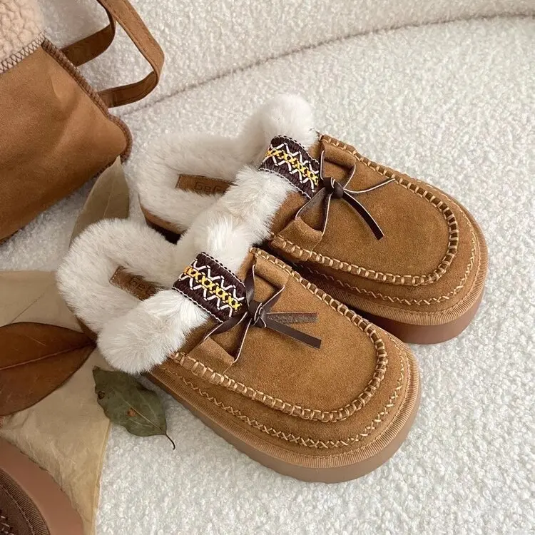 Women's Leather Shoes Cover Toe Ladies Slippers Med Platform Flock Fringe Flat Snow Boots Rome Fur Shearling Slides Rub