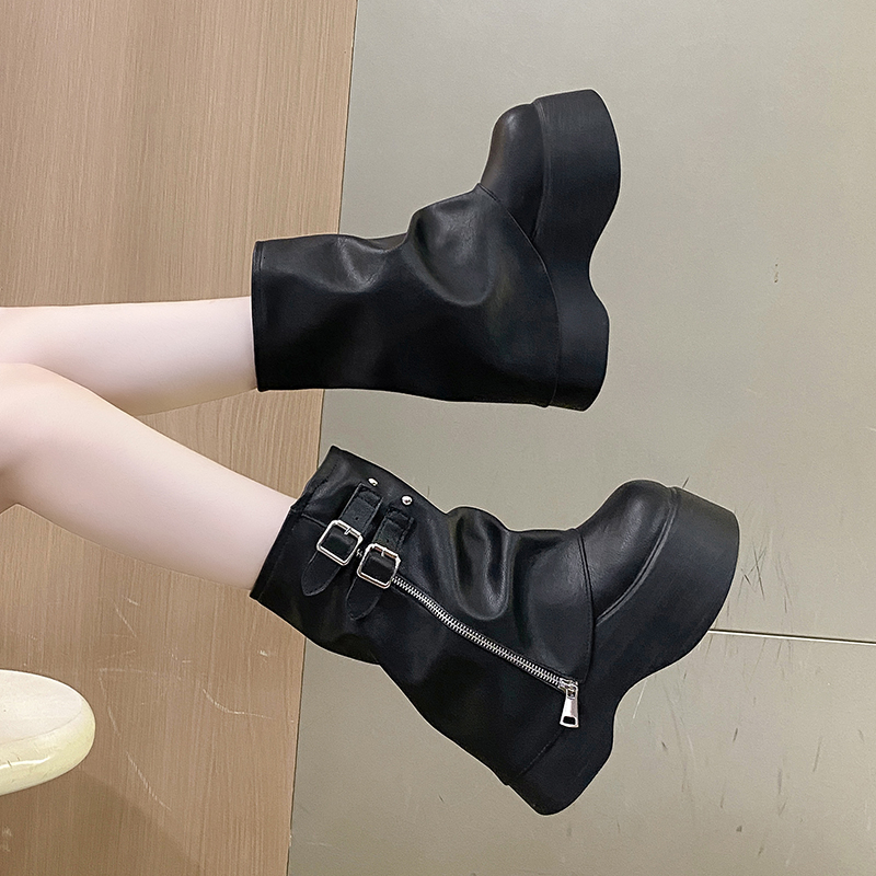 Soft Leather Ankle Mid Calf Winter Autumn High Platform Wedge British Booties Woman New Ladies Chunky Motorcycle Boots 9Cm