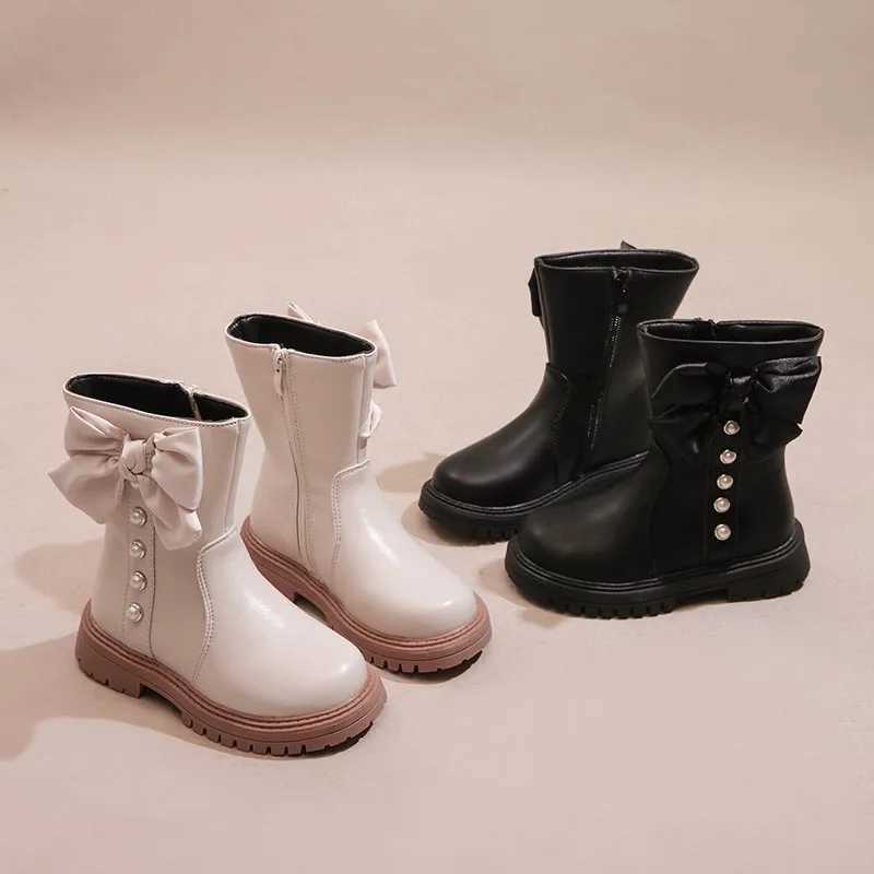 Girls long boots black Pu leather bow short and fashionable childrens winter boots warm bow round toe high knee childrens shoes M241102