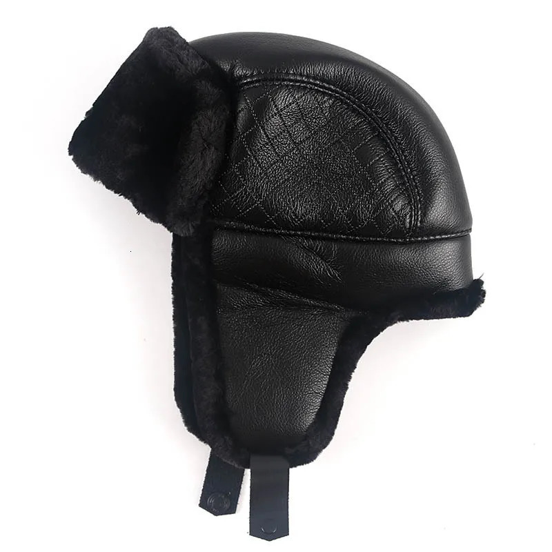 Mens Winter Hat with Earrings Ushanka Warm Russian Fur Bomber Hat Plain Leather Winter Pilot Hat Mens Black 241031
