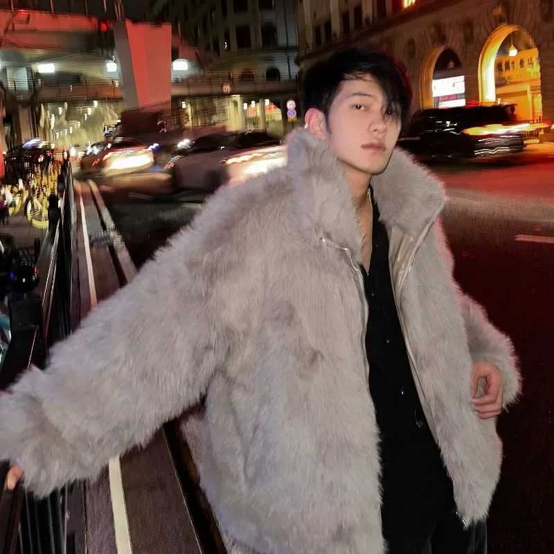 Korean Fashion Faux Fox Fur Coat New Fall and Winter High Street Trend Warm Jacket Man Streetwear Hip Hop Black Faux Fur CoatXJ241102
