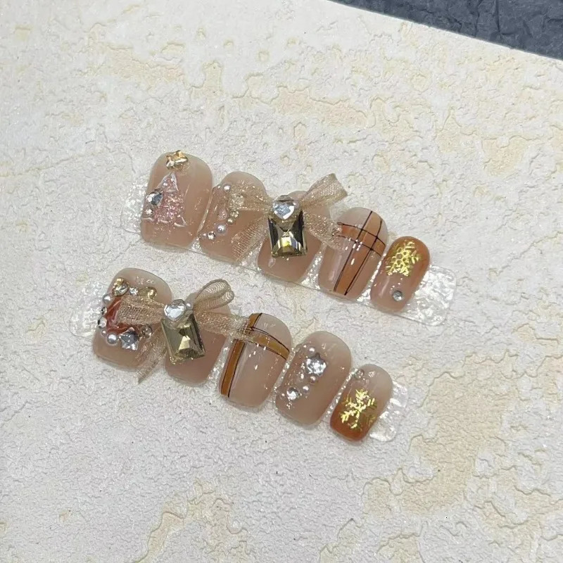 10 pieces/set of fake nails complete set of fake nails pressed on nails DIY handmade patches detachable cute Christmas tree ribbon bow 241031