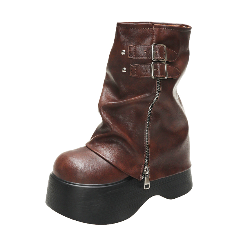 Soft Leather Ankle Mid Calf Winter Autumn High Platform Wedge British Booties Woman New Ladies Chunky Motorcycle Boots 9Cm