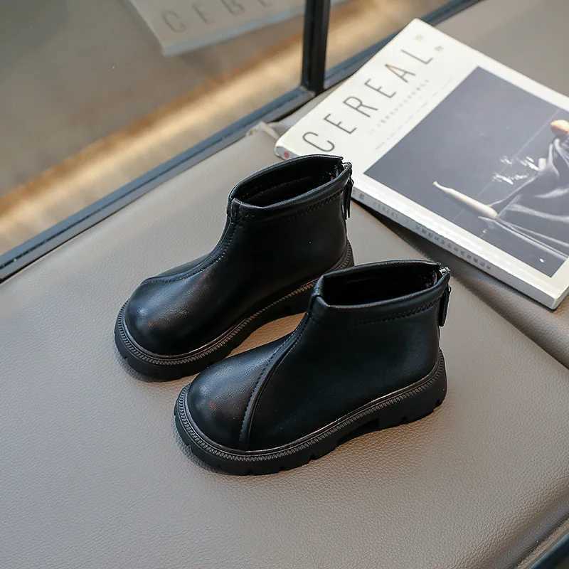 New autumn and winter childrens fashion boots girls waterproof and non slip solid zipper soft soled leather boots childrens casual shoes M241102