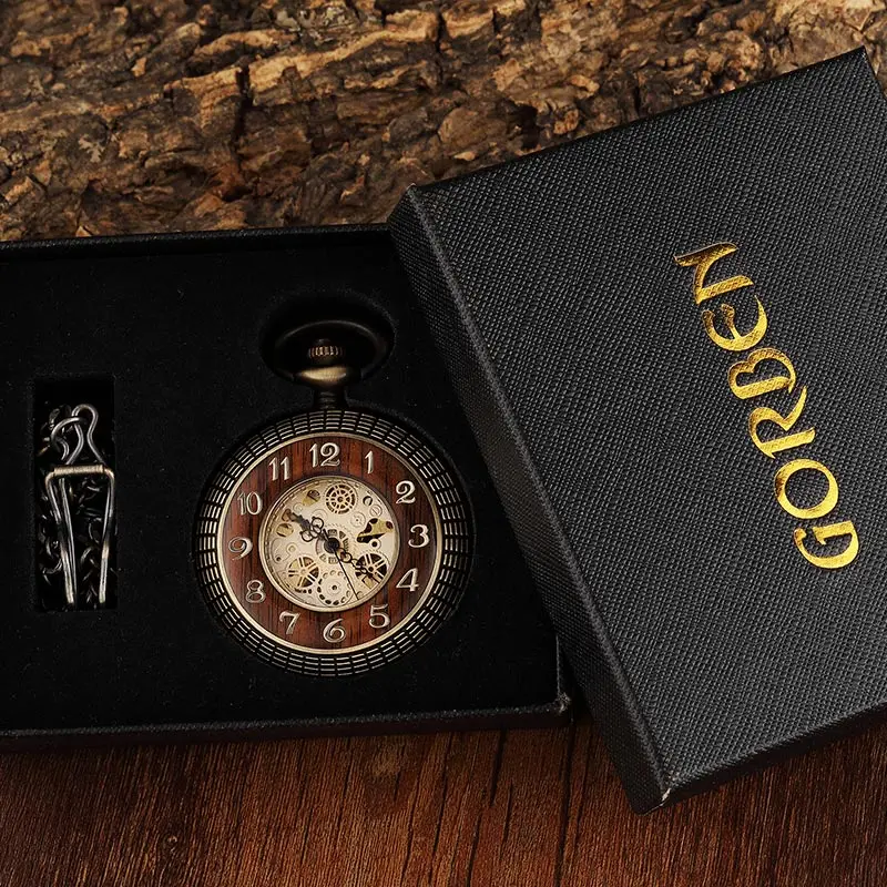 Vintage Wood Circel Gear Dial Bronze Antique Old Mechanical Pocket Watch Men Engraved new Fob Hand Wind Steampunk 2025 Male Gifts Clock
