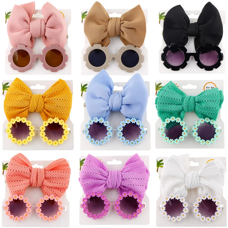 Sun Flower Sunglasses Bow Hairband Set Cute new Baby Girls Hair Accessories Newborn Head Bands 2025 Summer Beach Photography Props 2Pcs