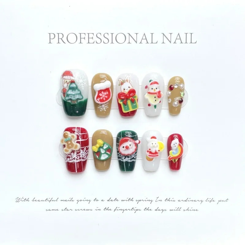 Santa Claus Winter Handmade Knitted Nail Starlight Shining Fake Nail Cartoon Cute Rabbit Snowman Nail Art Patch Christmas Gift 241031