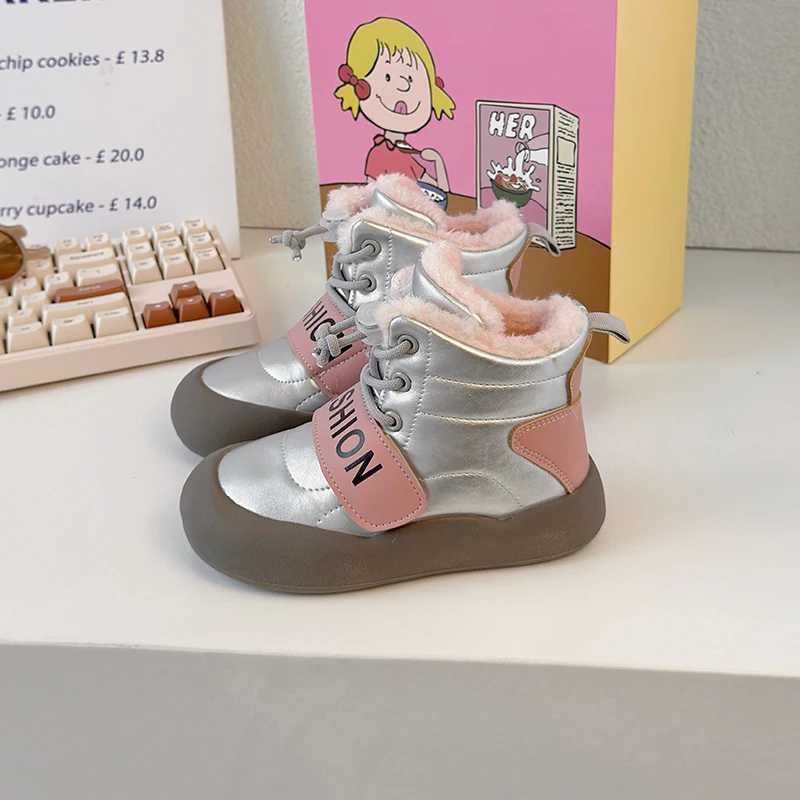 New childrens snow boots with thick soles warm girls cotton boots fashionable leather boots childrens plush boots patch work round toe M241102