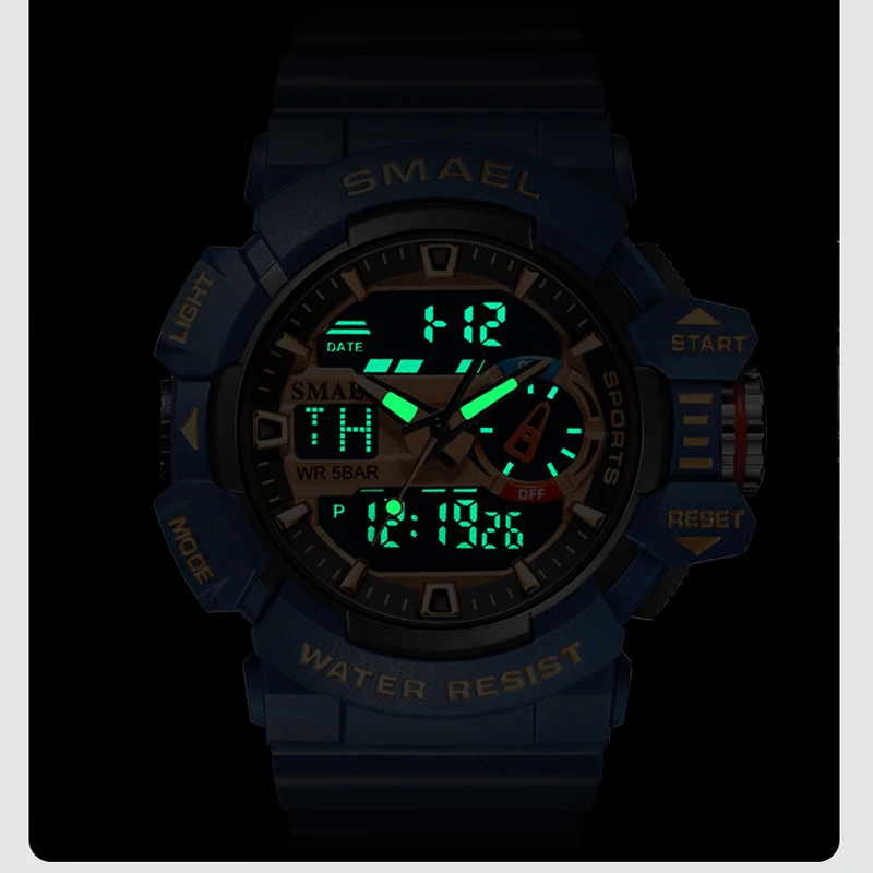 SMAEL Quartz Watch new for Men Waterproof Luminous Hands Dual Display Digital Wristwatch White Rubber Bracelet 2025 Sport Clock