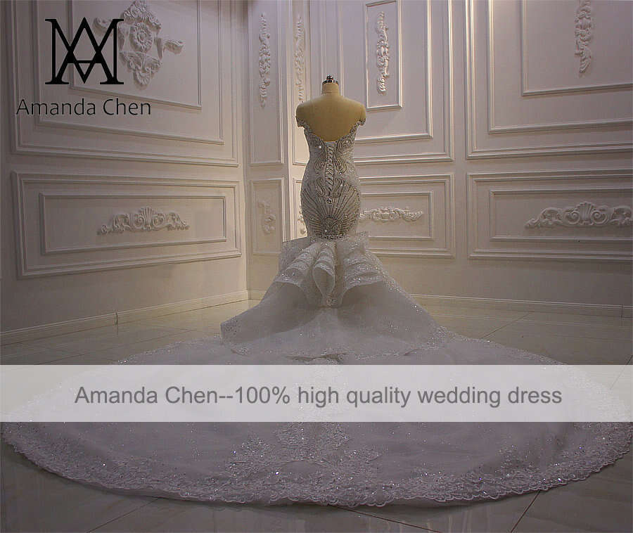 De Robe Mariage Off Shoulder Lace Appliqued Crystal Mermaid Detachable Train Wedding Dress tachable