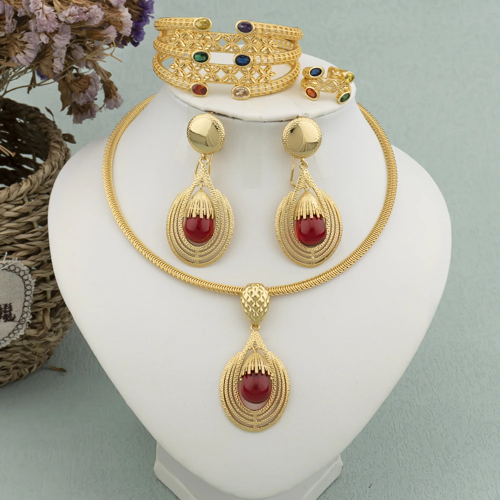 4 pcs Women Dubai Jewelry 2025 Sets Italy Drop Earrings Gold Plated Female Necklace Bracelet Ring Engagement Bridal new Jewelry Gift