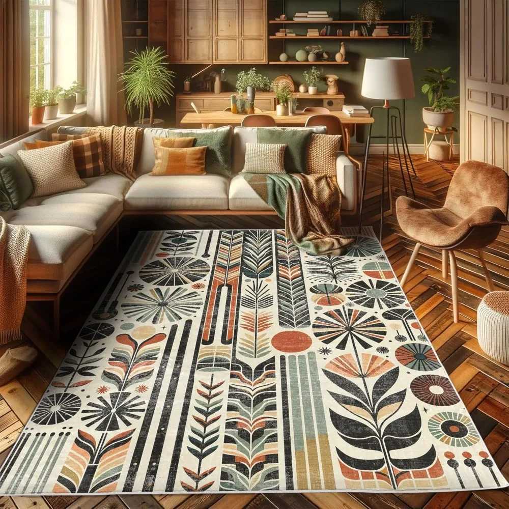 Retro Mid Century Inspired Abstract Patterns on Ivory Background Quality Carpet for BedroomXJ241101
