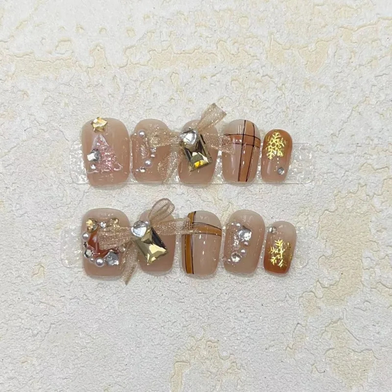 10 pieces/set of fake nails complete set of fake nails pressed on nails DIY handmade patches detachable cute Christmas tree ribbon bow 241031