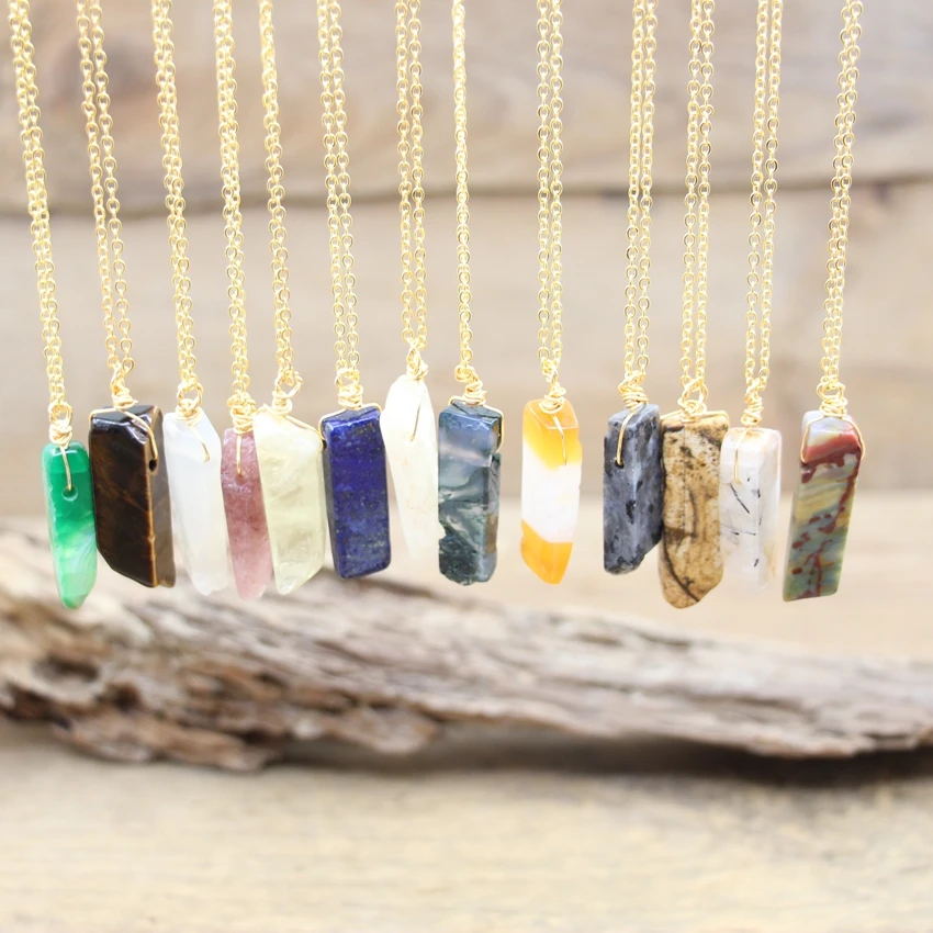Gold Chains 2025 Wire Wrapped Raw Stone Silce Slab Pendants,Healing Crystal new Reiki Natural Quartz Gems Necklace Women Jewelry,QC3291