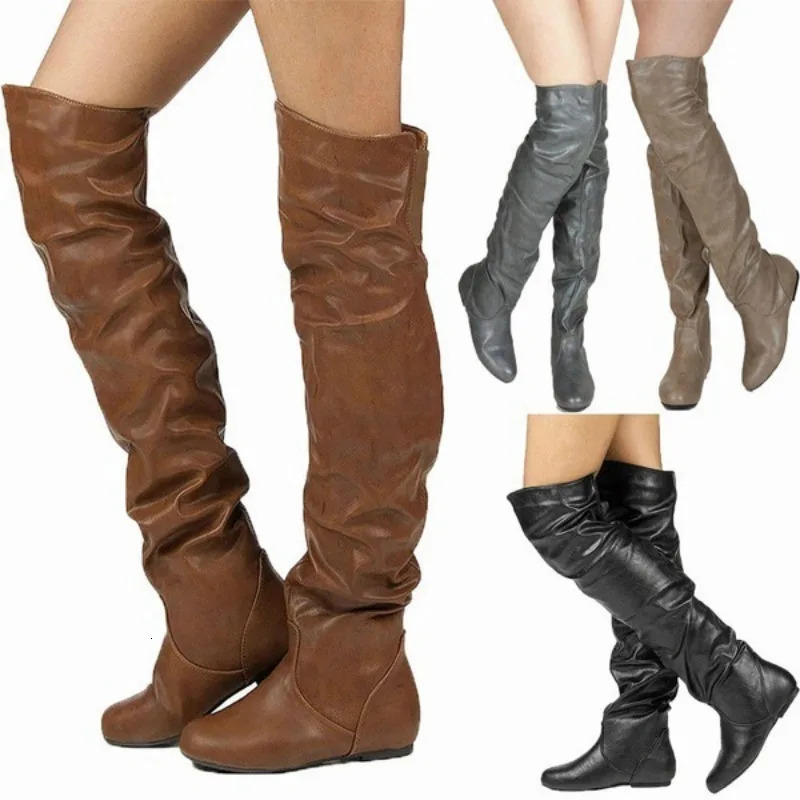 New Pattern Sexy Pointy Toe Over The Knee Sewing PU Solid Flat Heels High Tube Boot Large Size 34-48 Women Ladies' Boots