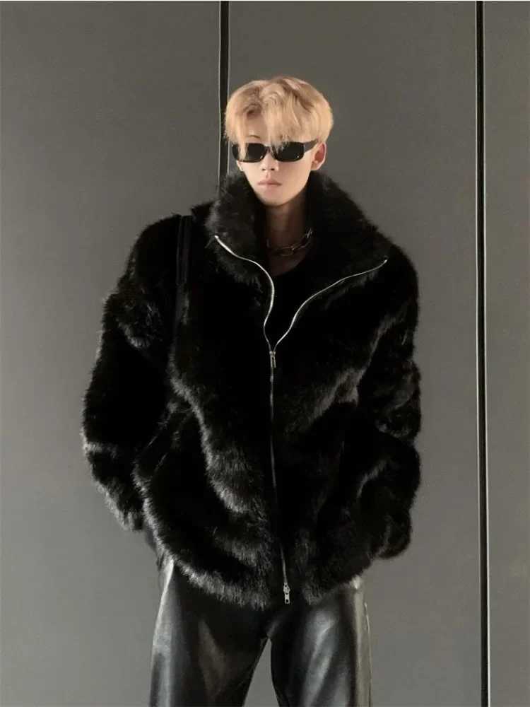 Korean Fashion Imitation Fox Fur Coat Fall and Winter Warm Thickened Black Imitation Fur Coat Trend Streetwear New Men ClothingXJ241102